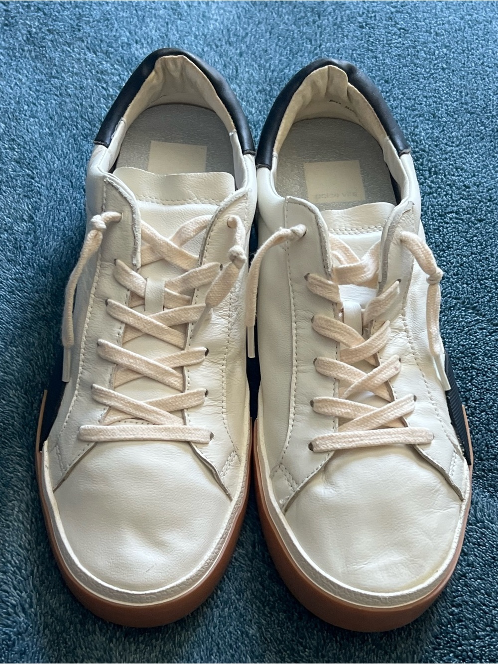 Dolce Vita White Leather Sneakers with Black Heel and Gum Sole